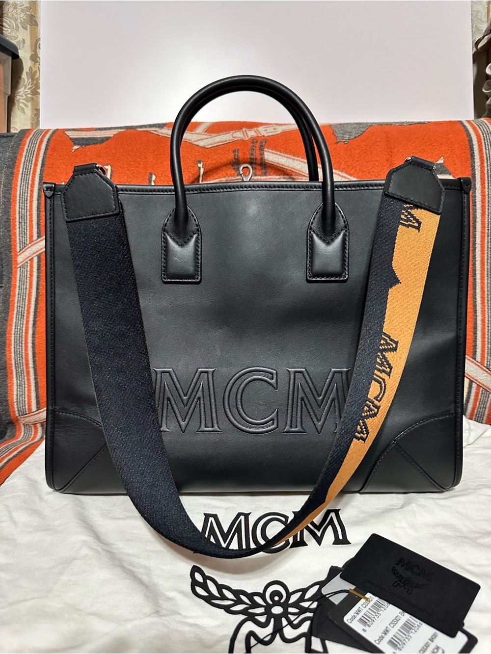 MCM ❤️🌟 Black Leather Tote with Contrast Webbing Strap ⭐️